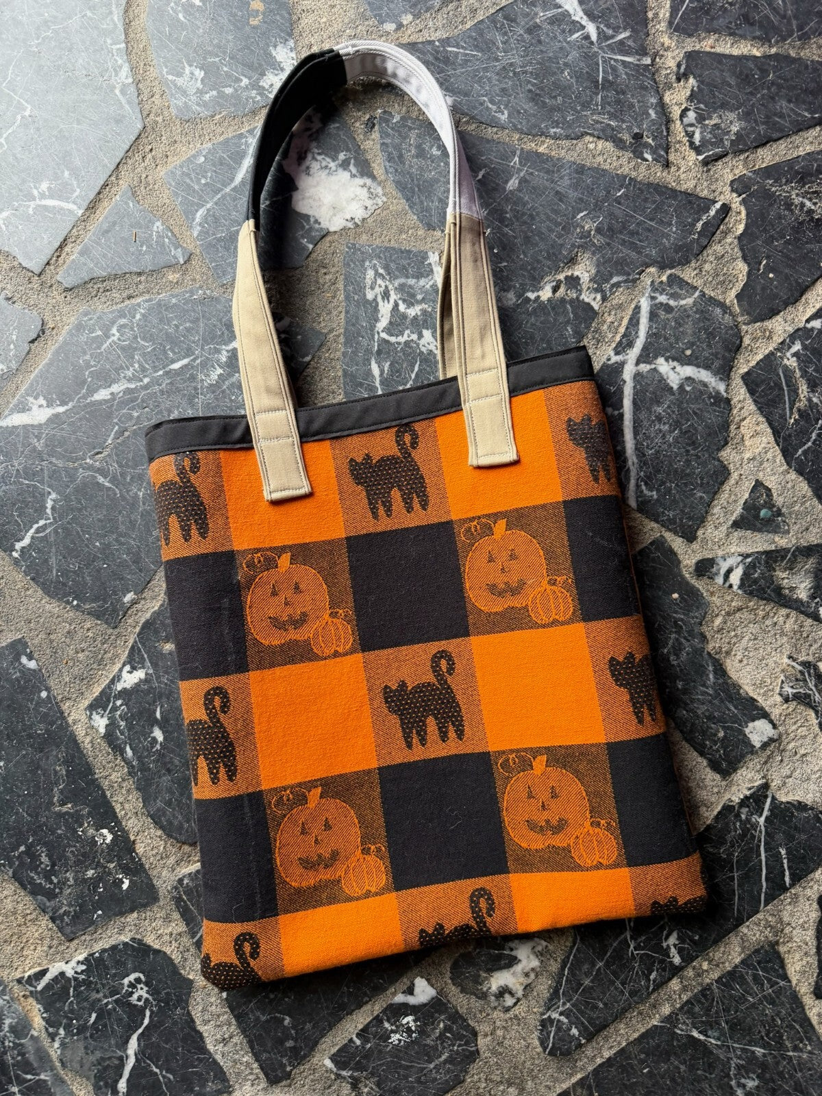Halloween Tote Bag with Pumpkin and Black Cat