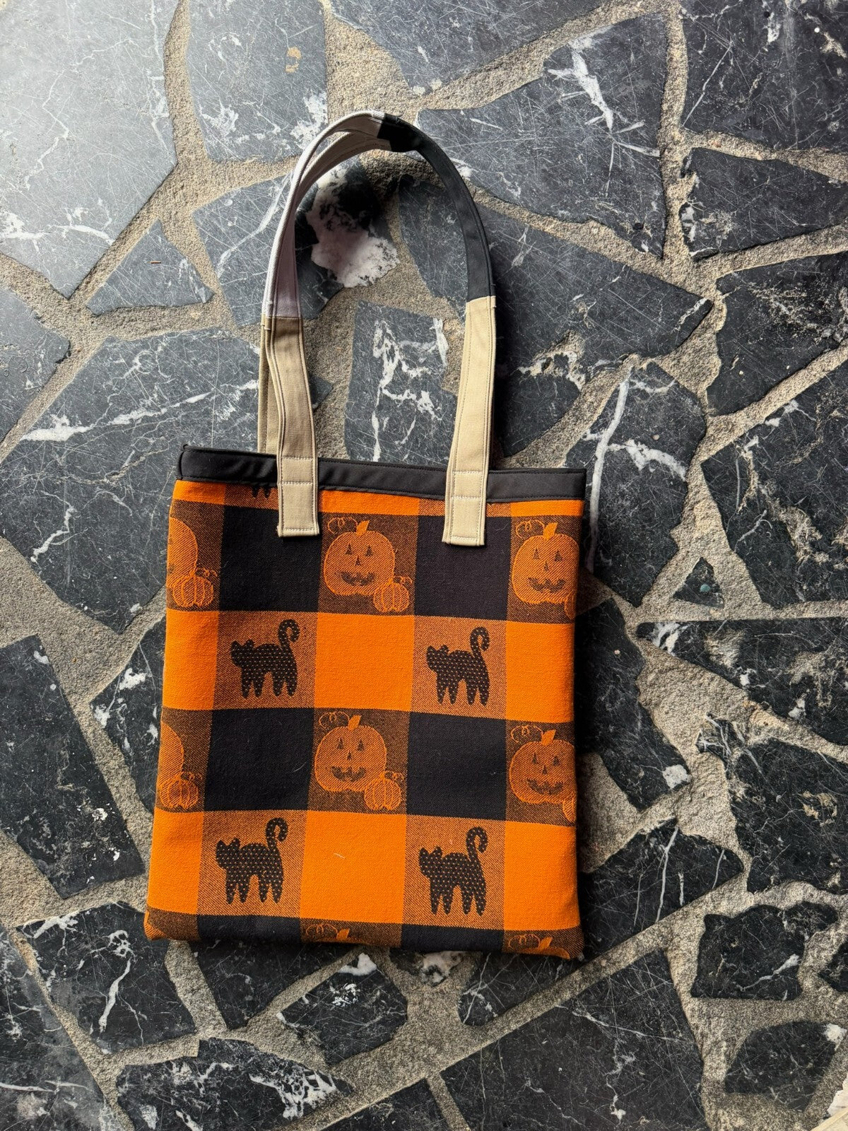 Halloween Tote Bag with Pumpkin and Black Cat