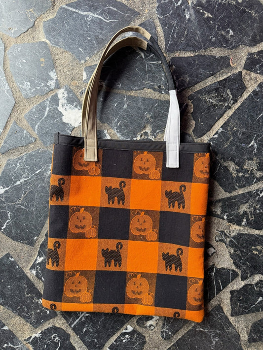 Handmade Halloween Themed Tote Bag with Pumpkin and Black Cat Design