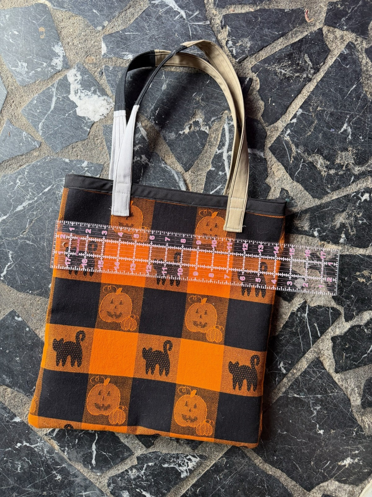 Handmade Halloween Themed Tote Bag with Pumpkin and Black Cat Design