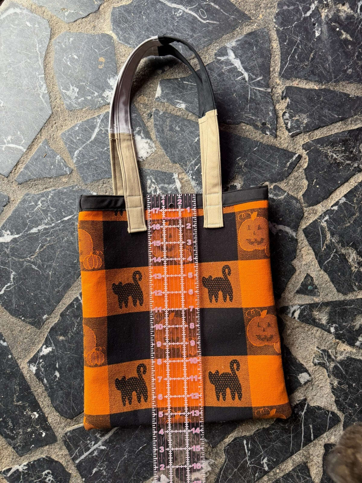 Halloween Tote Bag with Pumpkin and Black Cat
