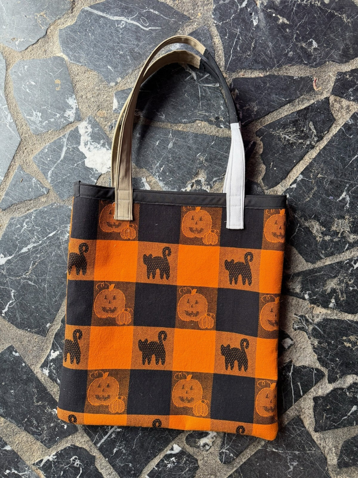 Handmade Halloween Themed Tote Bag with Pumpkin and Black Cat Design