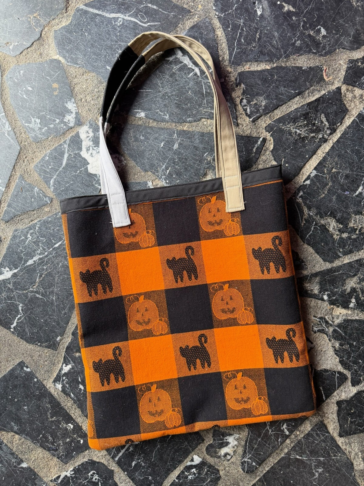 Handmade Halloween Themed Tote Bag with Pumpkin and Black Cat Design