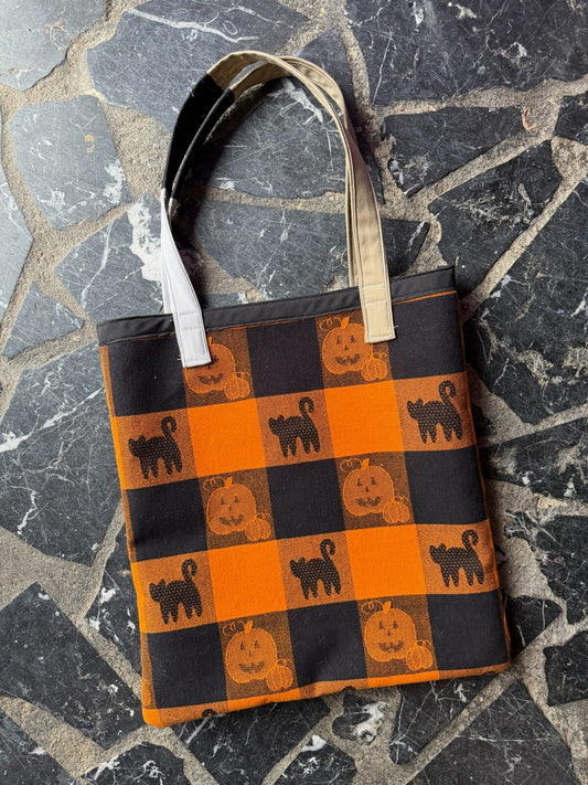 Handmade Halloween Themed Tote Bag with Pumpkin and Black Cat Design