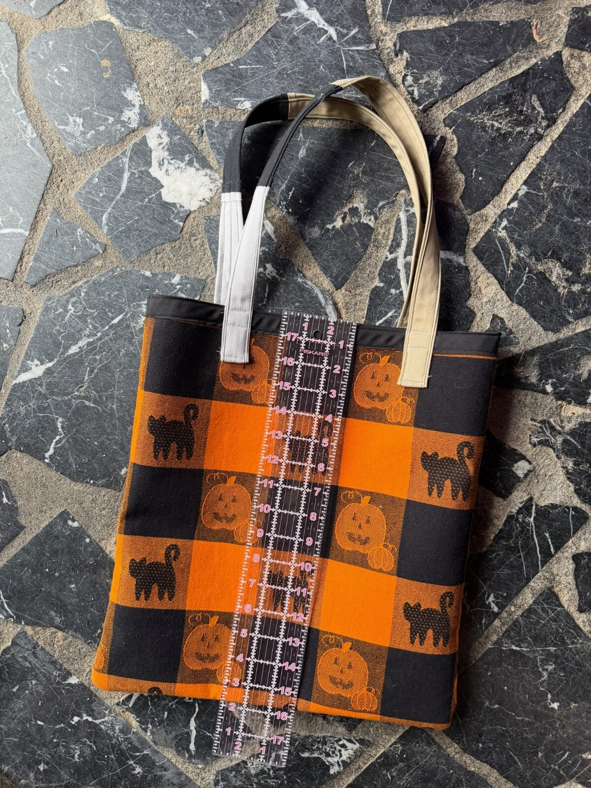 Handmade Halloween Themed Tote Bag with Pumpkin and Black Cat Design