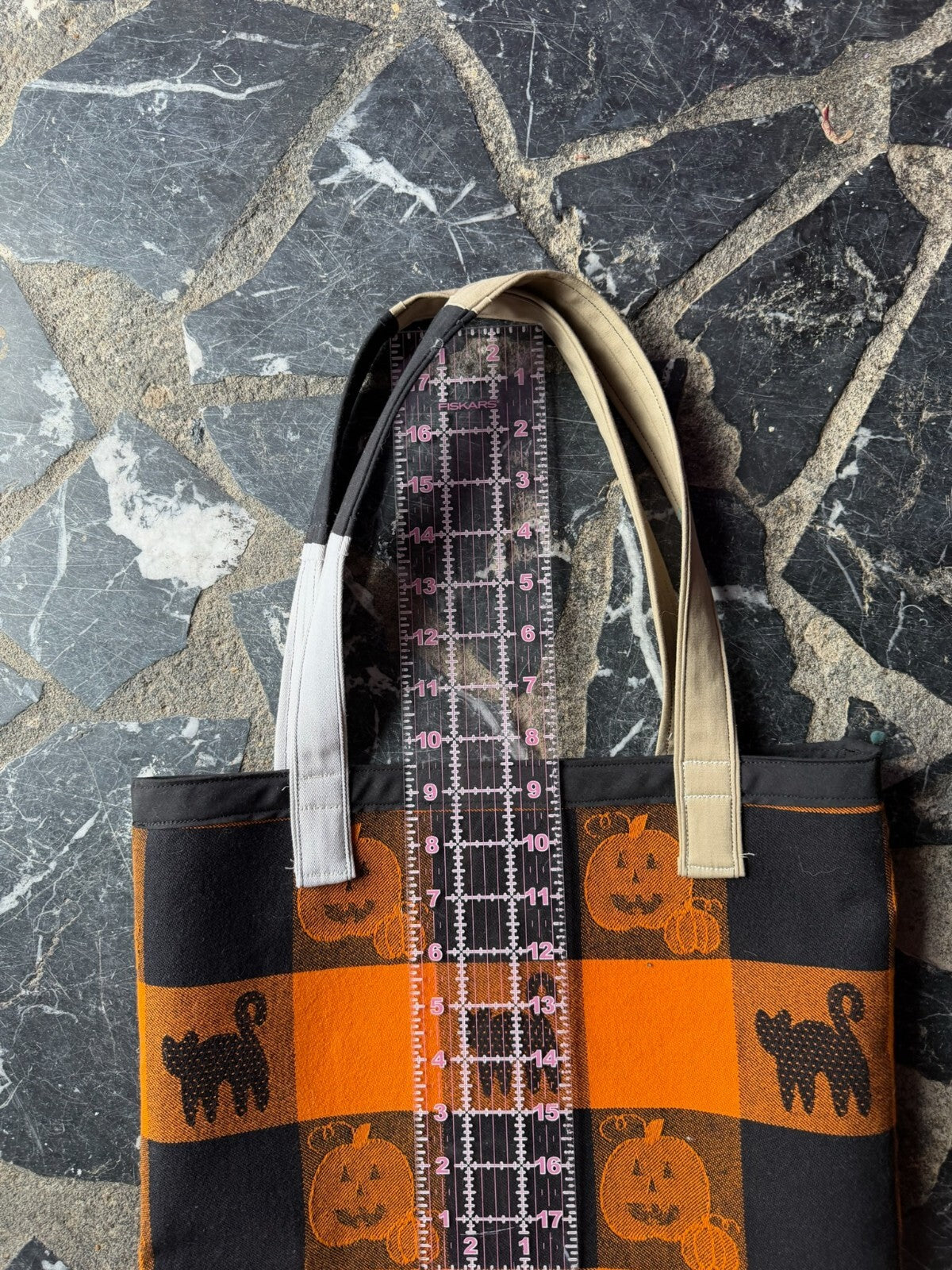 Handmade Halloween Themed Tote Bag with Pumpkin and Black Cat Design